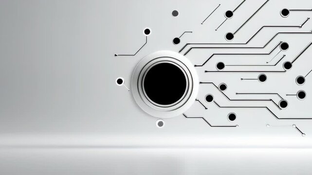 Circular black lens surrounded by intricate circuit patterns on a smooth white surface, showcasing a progressive view of technology and design elements in a modern setting