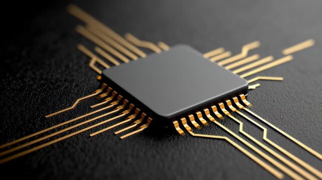 Close-up view of a black microchip with gold circuit traces on a textured surface, showcasing intricate details and connections in a technology-focused setting