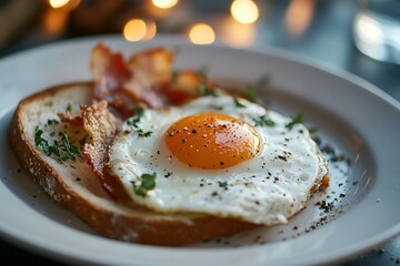 A perfectly fried egg served with crunchy bacon and warm buttered toast.