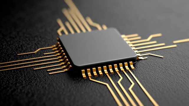 Microchip with gold connections positioned on a dark surface, showcasing intricate circuit patterns and a sleek design, emphasizing technology and innovation in electronics