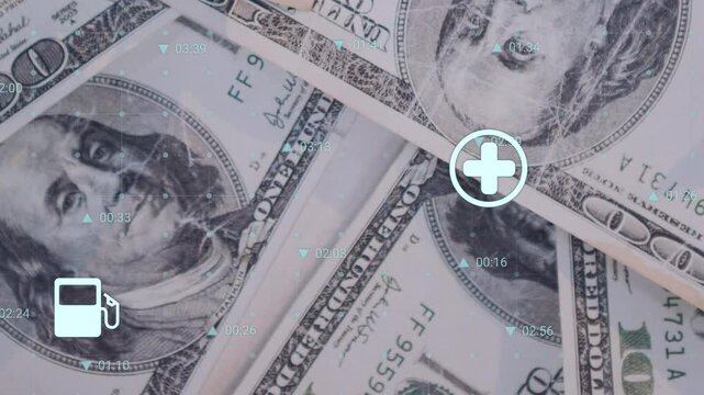 Animation of icons, numbers and connected dots forming grid pattern over dollar bills