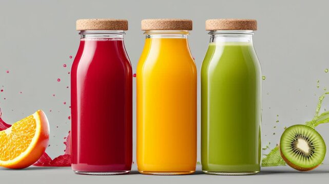 Colorful fruit juice bottles with vibrant red, yellow, and green liquids displayed against a gray background, accompanied by fresh fruit slices and splashes of juice