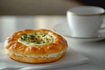 A crispy golden bagel spread generously with creamy cheese and chopped herbs.