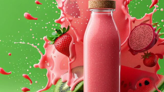 Colorful fruit smoothie bottle surrounded by splashes of juice, strawberries, kiwi, and dragon fruit on a vibrant green background, showcasing refreshing beverage ingredients