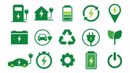 Green EV Illustration Symbol Collection, Electric Vehicle Charging, Battery, Plug and Renewable Energy Icon Set Vector