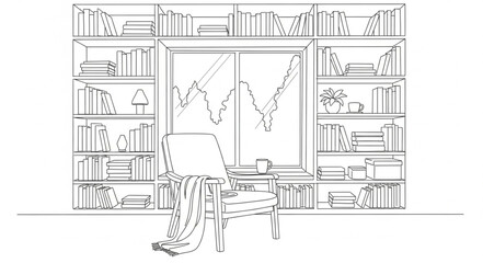 Detailed Sketch of Bookshelves and Window.