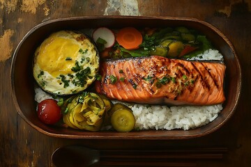 A classic lunch box filled neatly with rice, vegetables, and seasoned chicken.