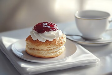 A classic baked scone layered generously with cream and sweet strawberry preserve.