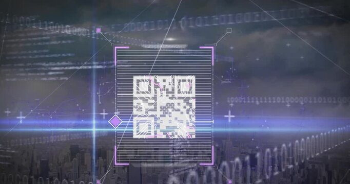 Animation of network of connections and qr code scanner against aerial view of cityscape