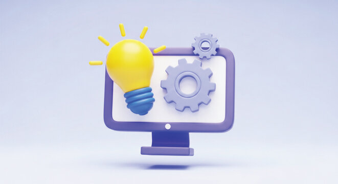 Computer monitor screen displaying bright idea lightbulb with gears and cogs, symbolizing innovation, technology, solution, and development process