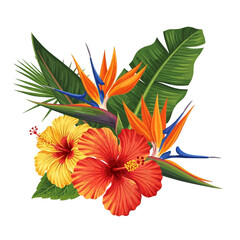Vibrant tropical flower arrangement illustration featuring exotic hibiscus and bird of paradise blooms with lush green foliage, perfect for summer paradise designs and island-themed decor © Muhamad