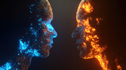 Abstract Duality of Human Profiles with Glowing Blue and Orange Energy