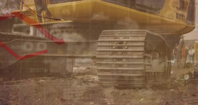 Animation of financial data processing and statistics over machinery in wasteland