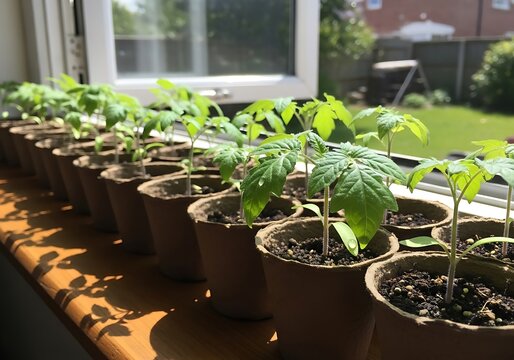 Seedlings are growing in biodegradable pots on a sunlit windowsill.
