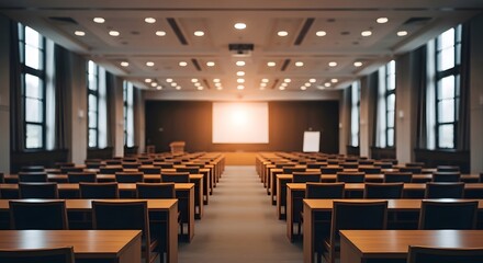 Empty modern university lecture hall featuring rows of wooden desks and black chairs with bright projection screen in background at center