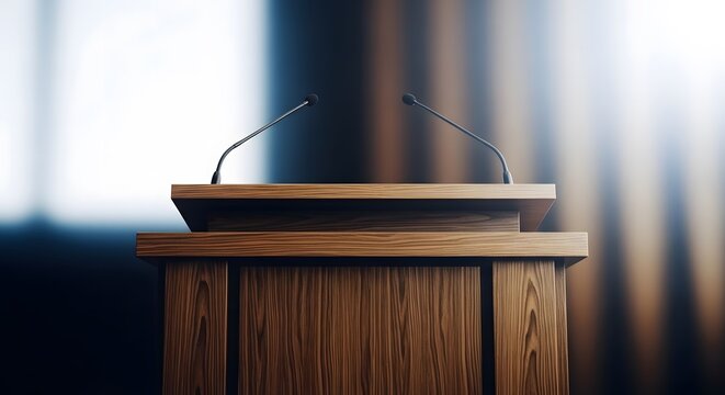 Empty wooden rostrum or tribune with two microphones on a dark background. public speaking concept, conference and debate