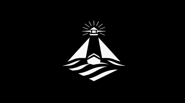 A geometric lighthouse design with radiant light atop a structure amid stylized waves