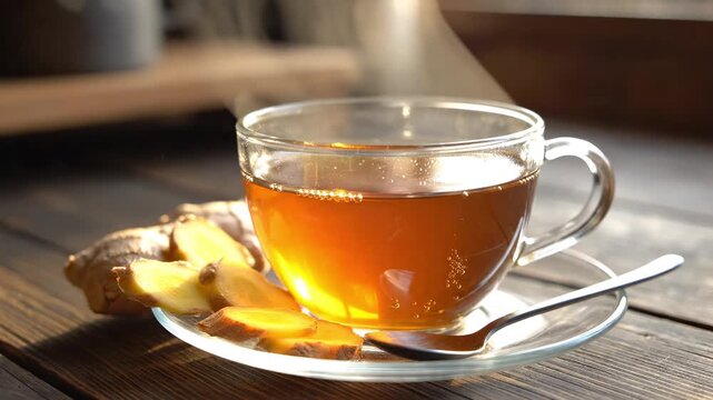 Ginger tea in clear glass cup with sliced ginger root on wooden table in sunlight. Ginger beverage, hot ginger tea for wellness, warming spice drink, and healthy morning tea infusion