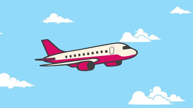 Seamless loop animation of a commercial airplane flying in the blue sky with moving clouds. Transportation vehicle vector looping video