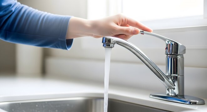 Woman hand turning on metal water faucet in modern kitchen with bright natural light for domestic hygiene and daily household cleaning tasks