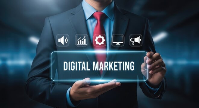 Businessman presenting digital marketing concept with icons