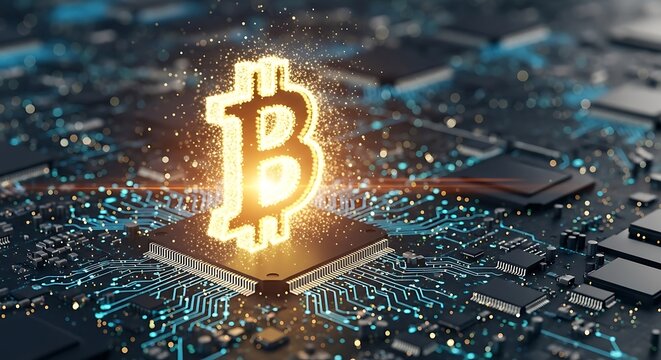 Golden cryptocurrency symbol glows brightly on a complex digital circuit board.