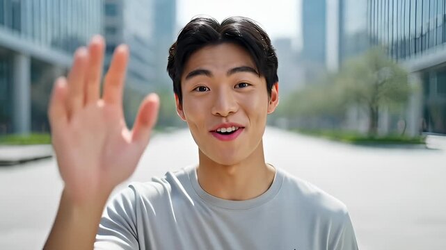 Young Asian Man Smiling Happily Outdoors in Modern City Street With Buildings