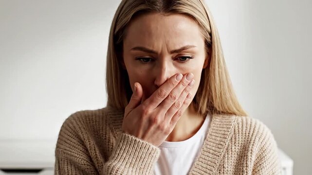 woman covering mouth with hand, shock, surprise, emotion, face expression
