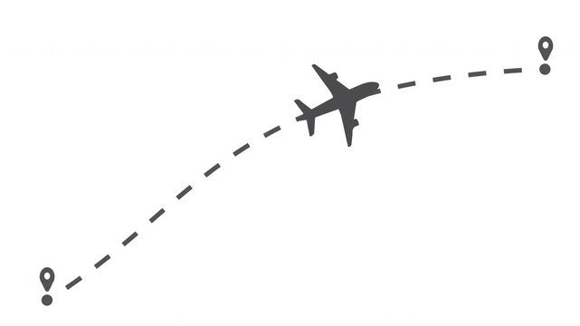 Seamless loop animation plane flies along a trajectory in white background. Airplane flies from one place to another. Transportation vehicle vector looping video