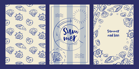 Nautical summer design set with seamless pattern, beach poster and greeting card, hand drawn vector illustrations in grunge chalk charcoal rough doodle sketch style © Chinese