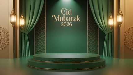 Obraz premium Eid mubarak 2024 celebration background with green stage and lights