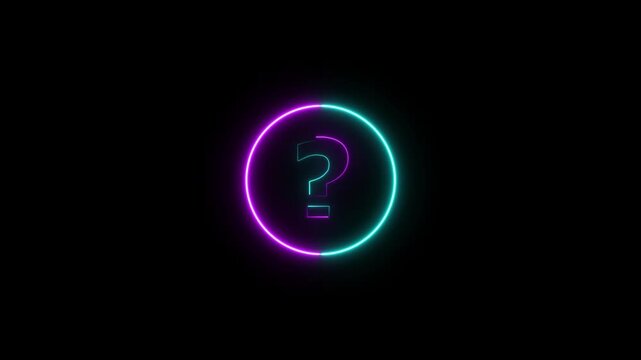 Neon question mark within a circular border, displaying a vibrant color transition from purple to cyan on a dark background, symbolizing questions and exploration