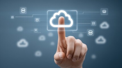 Obraz premium Interactive Concept of Cloud Infrastructure with Finger Selection for Digital Data Management