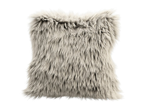 Beige fluffy faux fur decorative pillow isolated PNG, square shaggy cushion, neutral soft home decor element