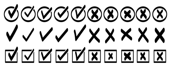 Set of black check marks and cross signs in different styles on transparent background for web and mobile app interface design elements vector illustration collection