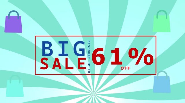 Big Sale Discount Up To Sixty One Percent Off With Colorful Shopping Bags On A Mint Green Sunburst Background