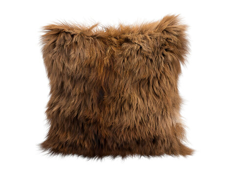 Brown fluffy faux fur decorative pillow isolated PNG, square shaggy cushion in warm caramel tone, cozy home decor element