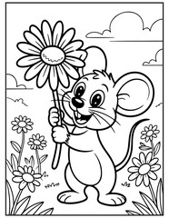 Fototapeta premium Smiling mouse holding a large daisy coloring page animal