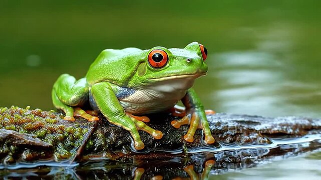Frog sitting near water edge in natural habitat