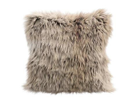 Warm beige fluffy faux fur pillow isolated PNG, square shaggy decorative cushion in earthy neutral tone, cozy boho home decor element