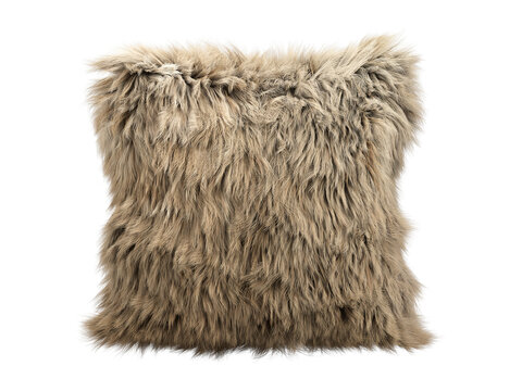 Taupe fluffy faux fur pillow isolated PNG, square shaggy decorative cushion in warm sand brown tone, rustic home decor element