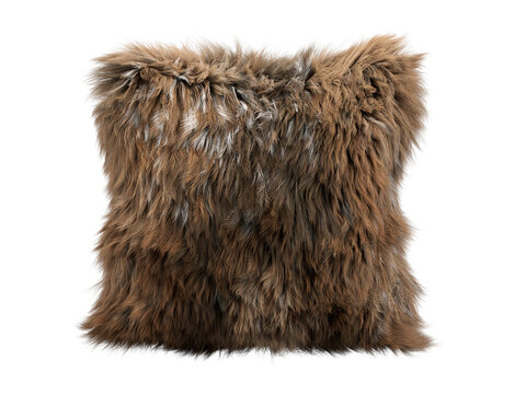 Multi tone brown fluffy faux fur pillow isolated PNG, square shaggy decorative cushion with mixed fur texture, rustic home decor element