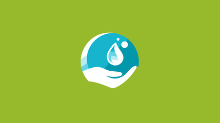 Obraz premium A design featuring a blue sphere with a water drop inside, held by a white hand, on green background