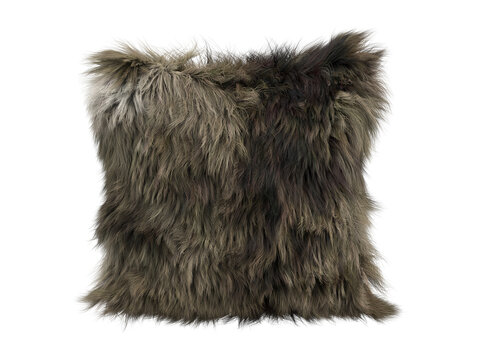 Dark earthy fluffy faux fur pillow isolated PNG, square shaggy decorative cushion in olive brown tone, rustic modern home decor element