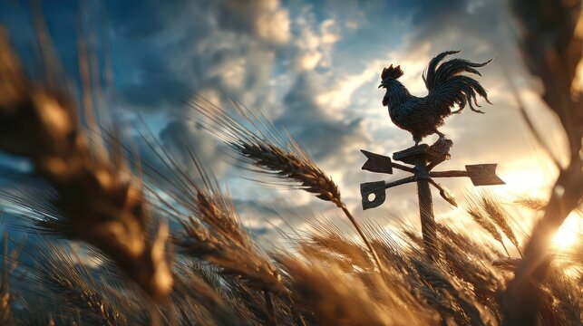 Silhouette of rooster weathervane atop grain, backlit by the setting sun under a dramatic sky
