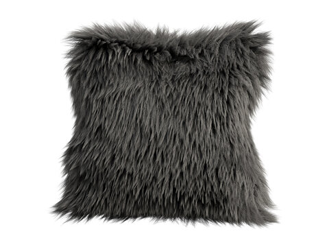 Charcoal gray fluffy faux fur pillow isolated PNG, square shaggy decorative cushion in dark monochrome tone, modern home decor element
