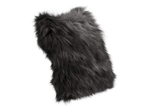 Black fluffy faux fur pillow isolated PNG, square shaggy decorative cushion in deep charcoal tone, modern luxury home decor element