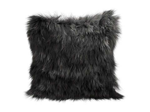 Black fluffy faux fur pillow isolated PNG, square shaggy decorative cushion in deep charcoal tone, modern luxury home decor element