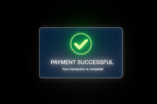 Payment confirmation screen shows transaction success in digital format with a green check mark indicating completion