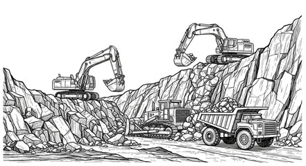 Excavators and Trucks at Quarry Site. © raja